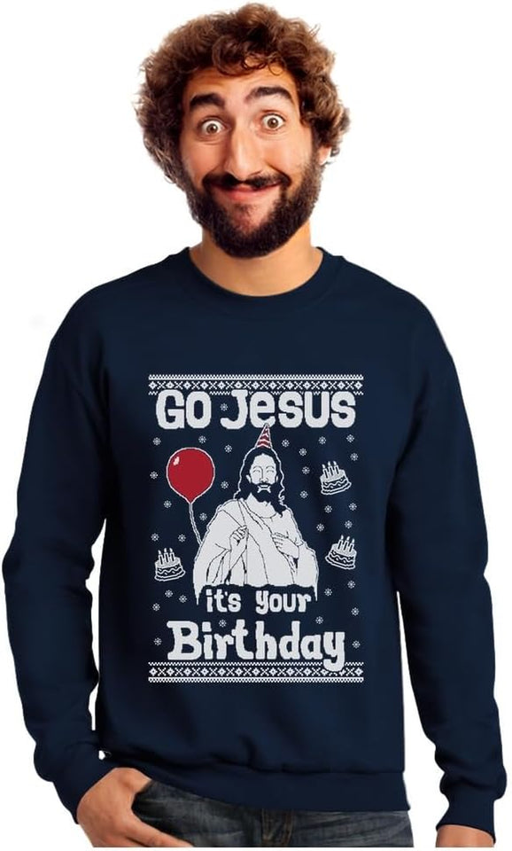Jesus Birthday Funny Holiday Xmas Long Sleeve Sweatshirt for Men Women Ugly Christmas Sweater Style
