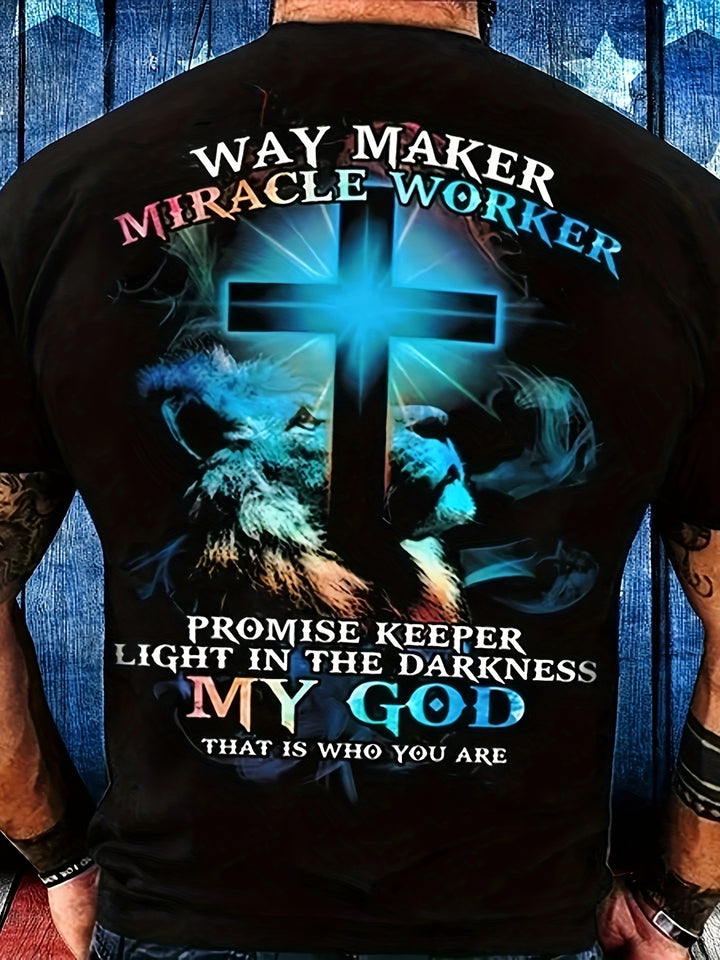 Way Maker Miracle Worker Pattern, Men'S Fashionable 3D Digital Graphic T-Shirt, Slightly Elastic and Breathable Retro T-Shirt for Summer