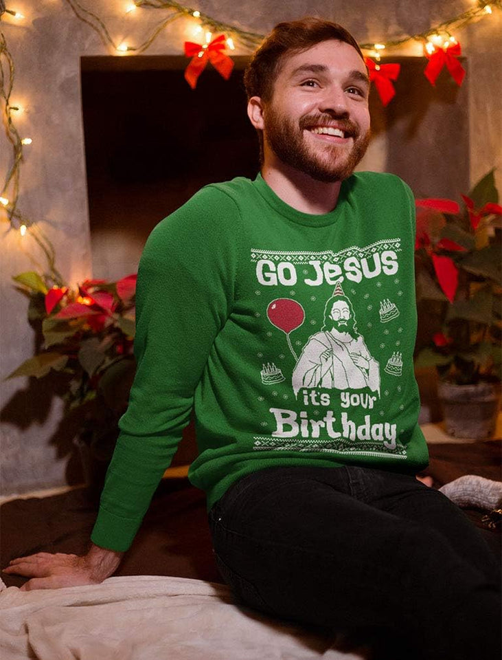Jesus Birthday Funny Holiday Xmas Long Sleeve Sweatshirt for Men Women Ugly Christmas Sweater Style