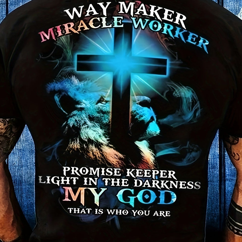 Way Maker Miracle Worker Pattern, Men'S Fashionable 3D Digital Graphic T-Shirt, Slightly Elastic and Breathable Retro T-Shirt for Summer