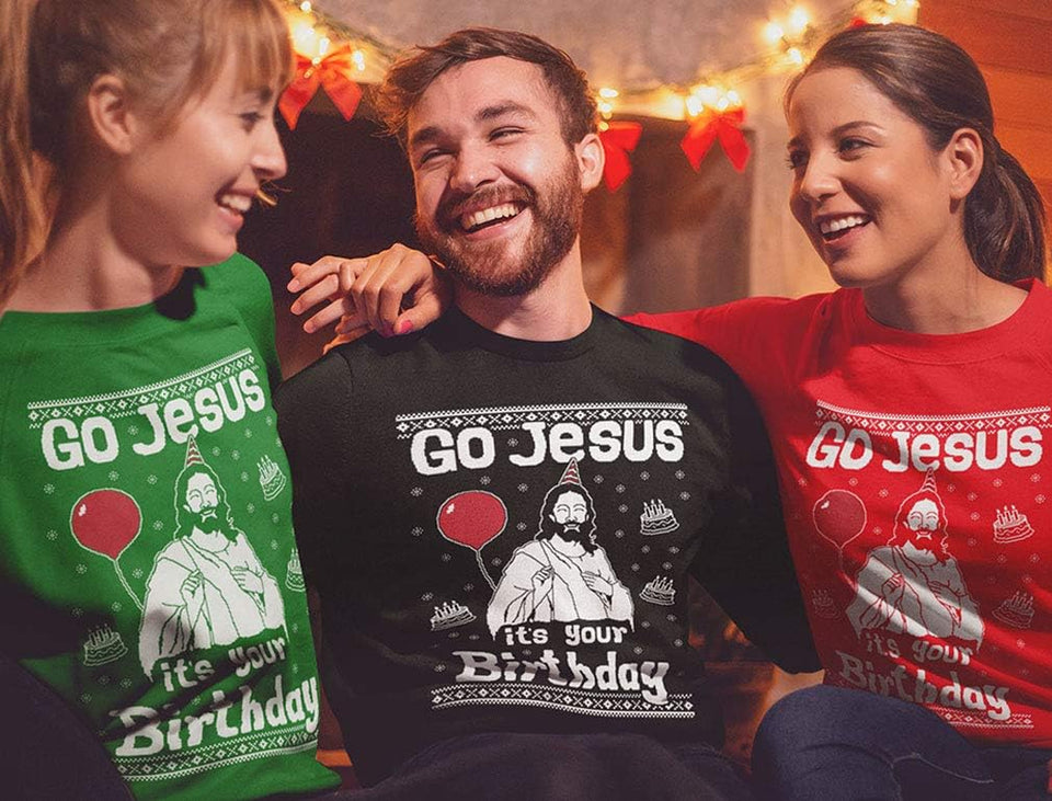 Jesus Birthday Funny Holiday Xmas Long Sleeve Sweatshirt for Men Women Ugly Christmas Sweater Style